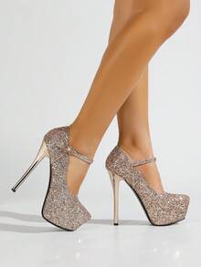 Tacones altos y stilettos de 14 cm sexy y de moda para mujer, nuevos tacones súper altos para las cuatro estaciones, diseño con correa y hebilla, tacones altos de mujer de punta redonda y escote bajo, zapatos con lentejuelas brillantes, elegantes tacones altos para banquetes y citas