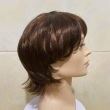 Peruka męska modna, ciemnobrązowa, 10 cali, puszysta, rozdwojona, długa grzywka, proste włosy, peruka odporna na ciepło z grzywką w europejskim stylu do codziennego noszenia, peruka na Halloween, odpowiednia do codziennego noszenia, na urodziny, występy, włókno odporne na ciepło - Brązowy - Zobacz 11