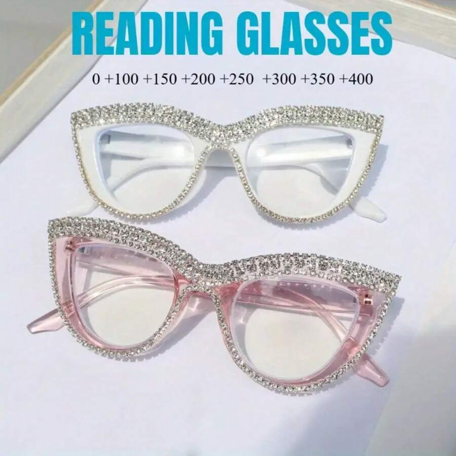 2pcs Elegant Cat Eye Crystal Glasses - Stylish Full Frame Design, Shiny Crystal Lightweight Computer Glasses +1, 0 To +4, 0 Black And Translucent Frame| Decorative Glasses| Polycarbonate Lenses - 白色+粉紅色 - 查看 1