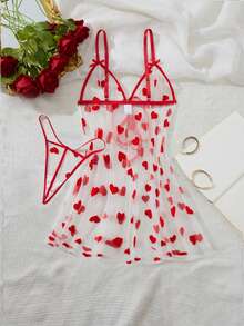 2pcs Women's Sexy Floral Mesh Robe Set, Front Tie Bow Decor Lingerie Set, For Christmas - Red - View 3