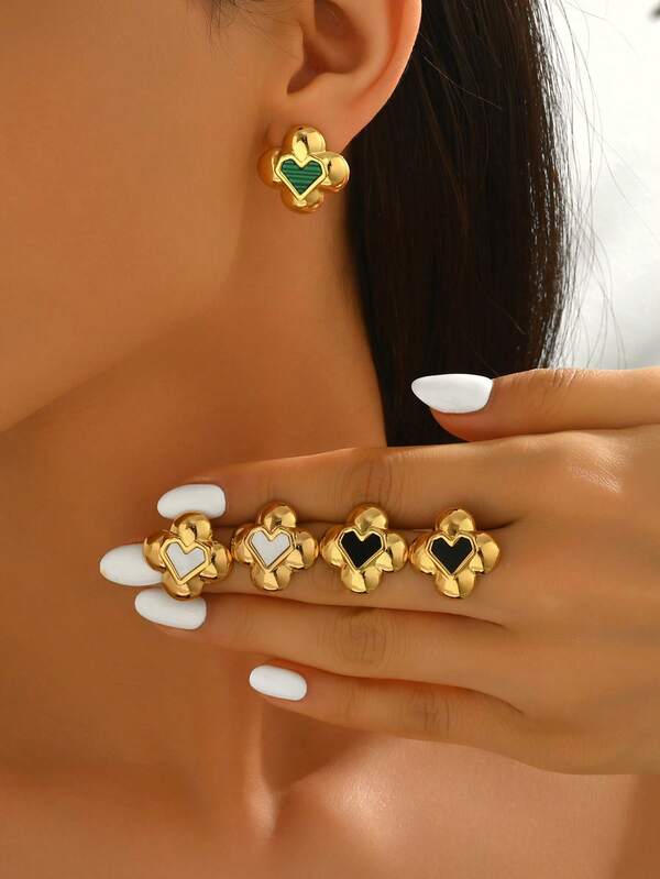 1 Pair Fashionable Exaggerated Earrings, Stainless Steel Material, 18K Gold Plated, Pentagram, Triangle, Geometric Shapes, 3 Color Options: Black, Red, Green, Suitable For Autumn/Winter Season