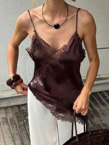Women Y2k Lace Pachwork Satin Silk Camisole Tops Elegant Asymmetrical Top Spaghetti Strap Cami Tops Sleeveless V Neck Open Back Crop Tops Backless Slim Fit Shirt Going Out Tops Casual Club Streetwear Aesthetic Clothes - 棕色 - 查看 2