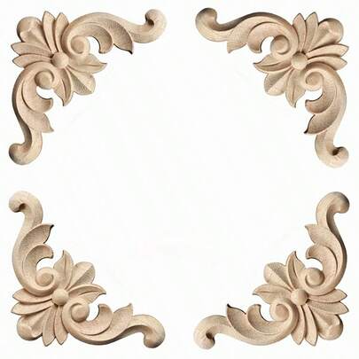 4 pezzi Applique rettangolari in legno intagliato e non dipinto, con motivo in rilievo di stile europeo raffinato, adatte per mobili, porte, finestre, camini, decorazione murale, decorazione fai-da-te