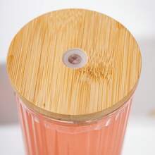 2pcs 4pcs 24oz Cute Iced Coffee Glass Cup Set With Plastic Lid And Glass Straw, Large Simple Stripe Clear Water Glass Tumbler With Bamboo Lid And Straw, Suitable For Juice Ice Cream Milk Tea, Perfect Gift - 2pcs tumbler with bamboo lid - 查看 7