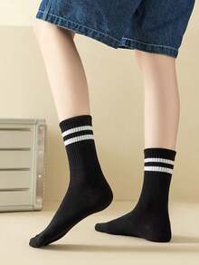 1/5/10 pares de calcetines a media pierna con rayas simples para mujer, calcetines a media pierna casuales y transpirables adecuados para deportes o uso casual diario, otoño/invierno