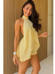 Macacao Elegante Feminino Peça Unica Com Amarração no Pescoço Costa Aberta a Tecido Duna Macaquinho Moda Verão - Amarelo - Visão 5