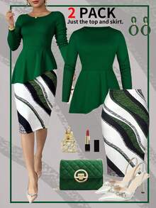 Plus Size Women Elegant 2-Piece Set, Minimalist Versatile Crew Neck Long Sleeve Pullover Sweater + Daily Striped Patchwork Bodycon Mini Skirt, Autumn/Winter - Army Green - View 1