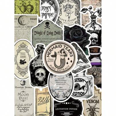 50 miếng dán nhãn lọ thuốc ma thuật phong cách Gothic cổ điển, thích hợp cho máy tính xách tay, hành lý, sổ lưu niệm, trang trí phòng, đồ thủ công DIY, đồ dùng học tập, chuẩn bị cho năm học mới.