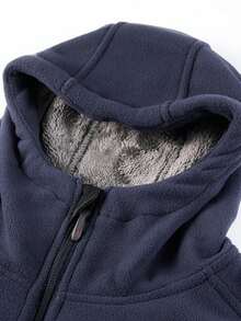 sweat-shirt à capuche unicolore chaud pour hommes, cardigan imprimé chaud, style automne/hiver, veste polaire à capuche pour hommes, veste de sport - Bleu marine - Voir 5