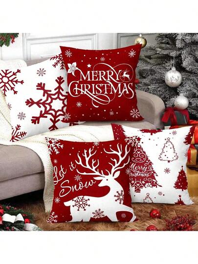 4pcs Velvet Throw Pillow Covers, Christmas Red & White Snowflake Deer & Christmas Tree Pattern, For Living Room Bedroom Sofa Decoration, Christmas Party Decor, Pillow Inserts Not Included