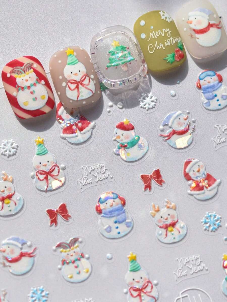 Snowman Wonderland 5D Nail Stickers, Embossed Snowflake Bow & Star Pattern, Fun Winter Nail Decals, Holiday Nail Decoration, Self-Adhesive - Multicolor - View 1