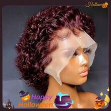 短款精灵短发卷发鲍勃假发真人发 99j 酒红色卷发蕾丝前假发真人发 13x1 精灵短发假发适合万圣节服装 - S99J - 查看 1