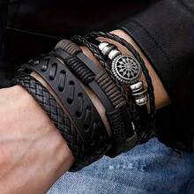 4pcs/Set Vintage Boho PU Leather Woven Handmade Bracelet Men Women Charm Bracelets Set Jewelry Accessories - 黑色 - 查看 2
