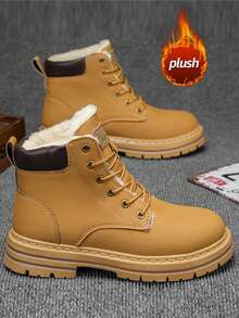 2024 Autumn/Winter Men's Snow Boots, Thick Sole, Anti-Slip, Wear-Resistant, Thermal Lined, Waterproof, Oil-Resistant PU Leather, Winter Snow/Freeze Protection, Soft Bottom, Lightweight, Comfortable, High-Top Round Toe Lace-Up Men's Casual/Work Boots, Plus Size 48, Suitable For All Seasons, Outdoor, Travel, Vacation