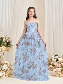 ALISA&LEO Đầm dạ hội dáng chữ A không dây vai, cổ hình trái tim, dành cho tuổi teen, thêu hoa, thân áo ôm sát và chân váy xòe rộng, hoàn hảo cho các buổi dạ tiệc, đám cưới, vũ hội, các sự kiện buổi tối trang trọng. - Màu xanh lam - Xem 5