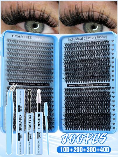 800pcs D-Curl Individual False Eyelashes With Adhesive & Sealant, Includes Tweezers & Lash Brush, Large Capacity, Soft & Natural, Suitable For Beginners, Easy DIY At Home, Portable For Travel, Enlarges Eyes, Lightweight & Reusable