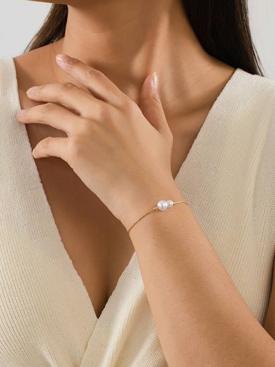 1 buc Brățară la modă cu lanț de cupru și perle artificiale, reglabilă, potrivită pentru purtare zilnică