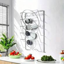 1件装重型不锈钢多层壁挂式锅盖和平底锅收纳架 - 节省空间的垂直厨房收纳架，带悬挂式置物架，兼容黑色锅盖，易于安装，适用于家庭和餐厅厨房，耐用金属结构，防刮擦，现代黑白设计，是小型厨房的理想之选。