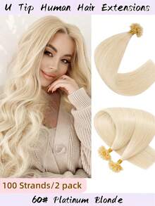 U Tip Hair Extensions  Real Human Hairs 100 Strands /2pack U Tip Real Remy Human Hair Extensions Nail Tips Keratin Fusion Hairs Extension For Women 10-24 Inch #60 - S60 - View 1