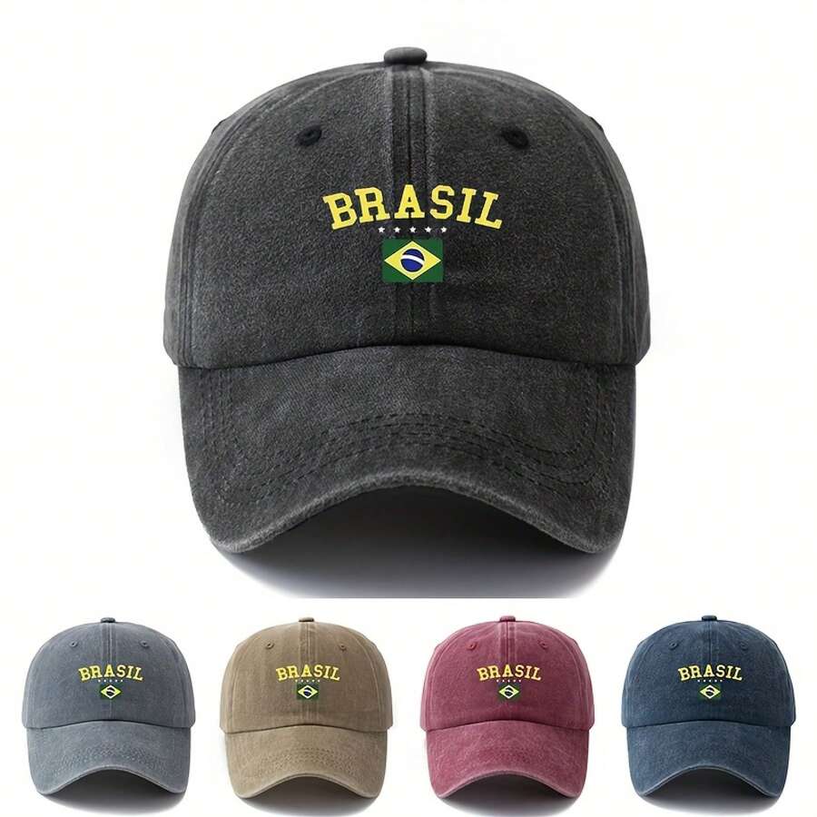 Unisex Fashion Baseball Cap With "BRASIL" Print, Classic Vintage Washed Style, Lightweight Curved Brim, Polyester, Perfect For Outdoor Vacations, Travel, And - màu đen - Xem 1