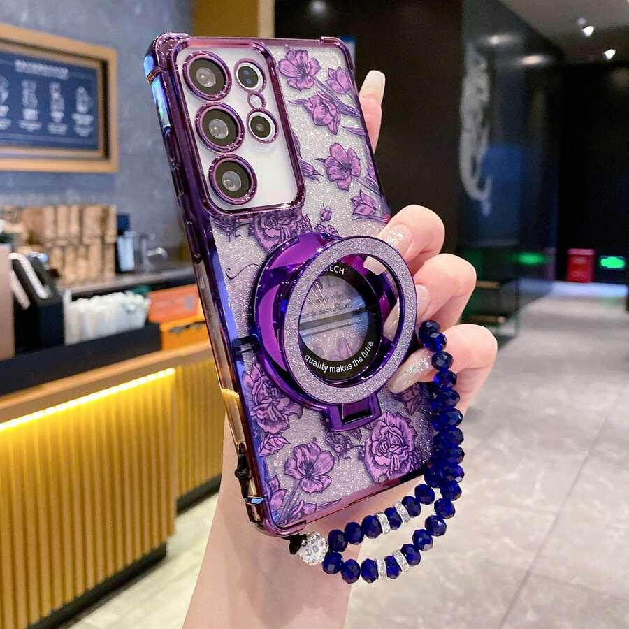 Electroplated Four-Corner Air Cushion Space Case Shockproof With Built-In Lens Film + TPU Silicone Soft Edge PC Hard Shell Full Coverage Luxury Protective Phone Case Compatible With Apple, Compatible With Galaxy, Compatible With OPPO - Includes Magnetic Stand,International Version, Not The Domestic Version - Purple - View 1