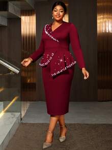 AOMEI Elegant Classy Plus Size Midi Cocktail Dress With V Neck Long Sleeves Ruffle Hem And Delicate Pearl Embellishment Christmas Clothes New Year Dress - Burgundy - View 1