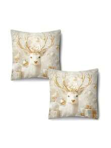 1/2/4pcs Golden Christmas Decoration Pillow Covers, Size 17.7x17.7 Inches, Modern Style, Zipper Closure, Machine Washable, Decorative Santa Claus, Snowman, Deer, Snowflake Patterns, Suitable For Living Room Sofa Bed Decoration - No Inner Core Included - Multicolor - View 17
