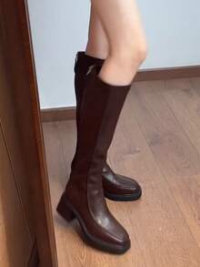 秋冬新款方头粗跟过膝弹力长靴，显瘦百搭时尚靴 - 棕色 - 查看 6