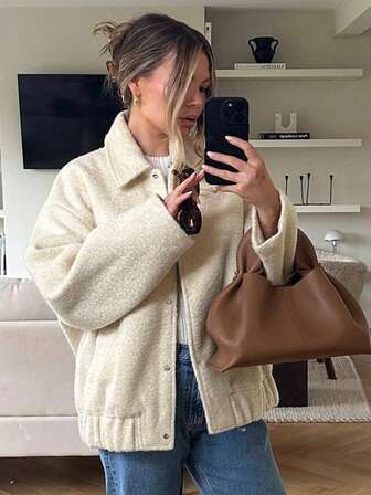 HH 复古时尚秋冬女式羊毛单扣宽松休闲百搭外套