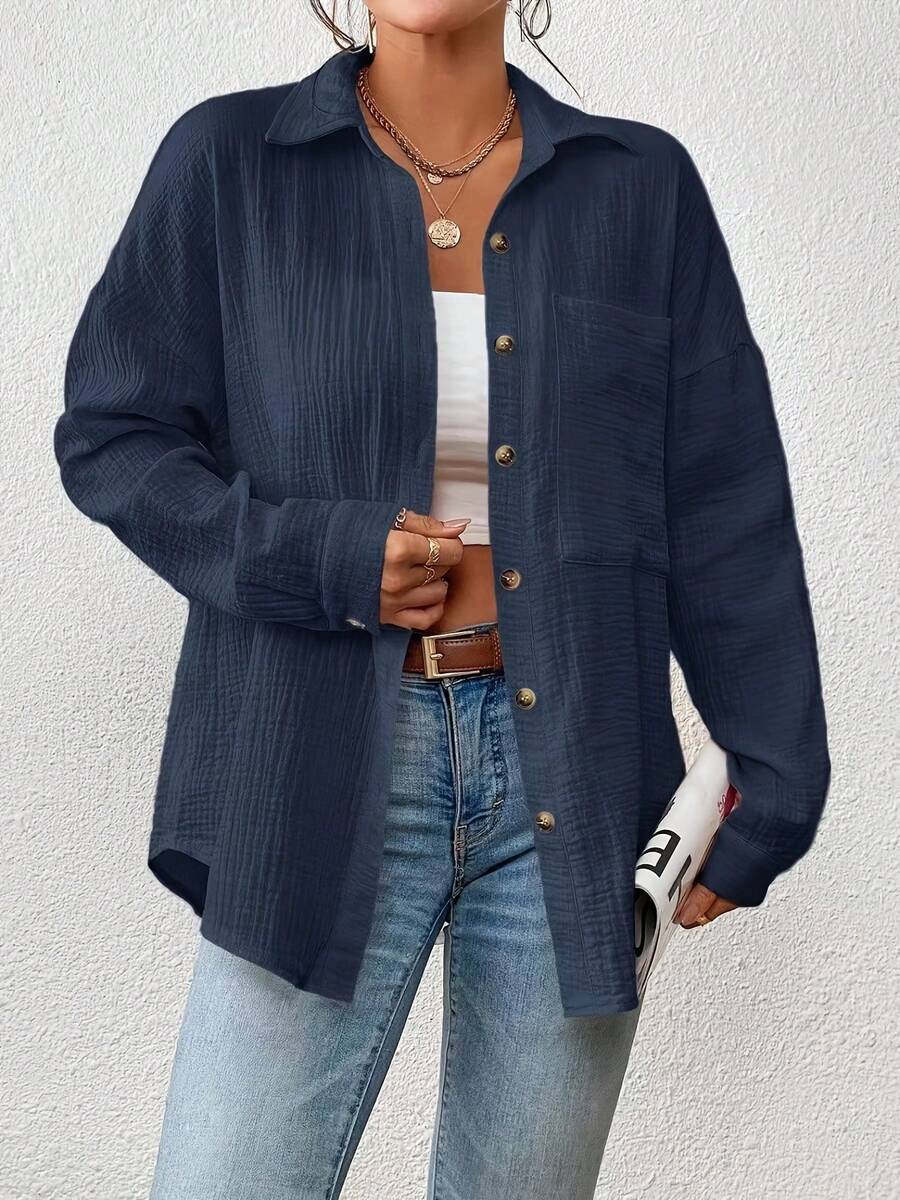 Women'S Casual Long Sleeve Button-Up Shirt - Brown Textured Fabric, Open Front, Loose Fit, Summer Style, Perfect For Casual Attire, Casual Summer Wear | Buttonup Shirt | Textured Fabric - 藍色 - 查看 1