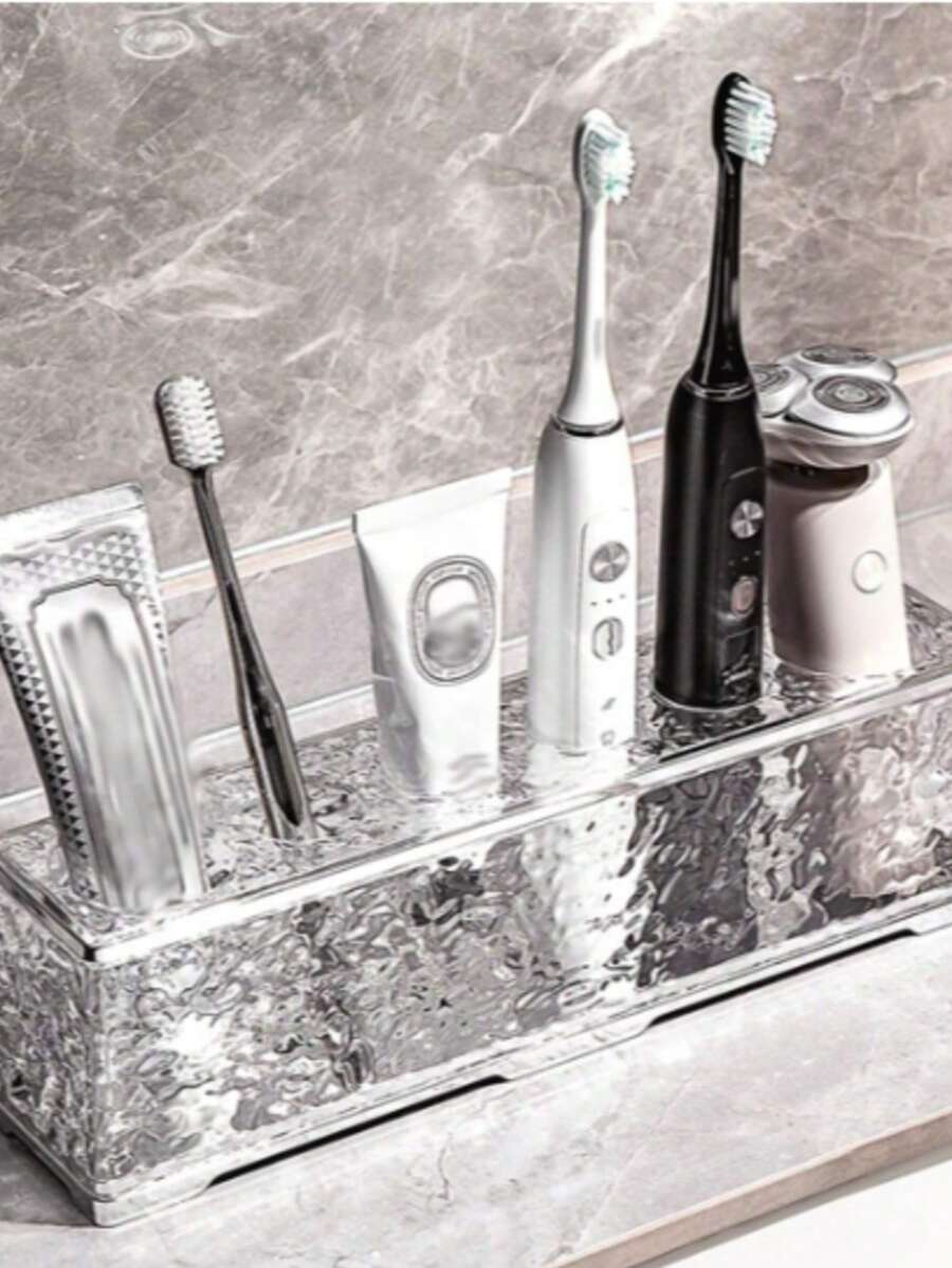 1pc Light Luxury Toothbrush Storage Rack Self-Adhesive Electric Toothbrush Holder: Bathroom Toothpaste Cleanser Razor Storage Rack, Wall-Mounted Bathroom Storage Rack, Space-Saving Christmas/Halloween Gift Decoration - Clear - View 1