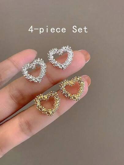 2 pares de pendientes de botón con corazón roto en plata, minimalistas, delicados, dulces, elegantes y de lujo, adecuados para uso diario y como regalo de vacaciones para amigos