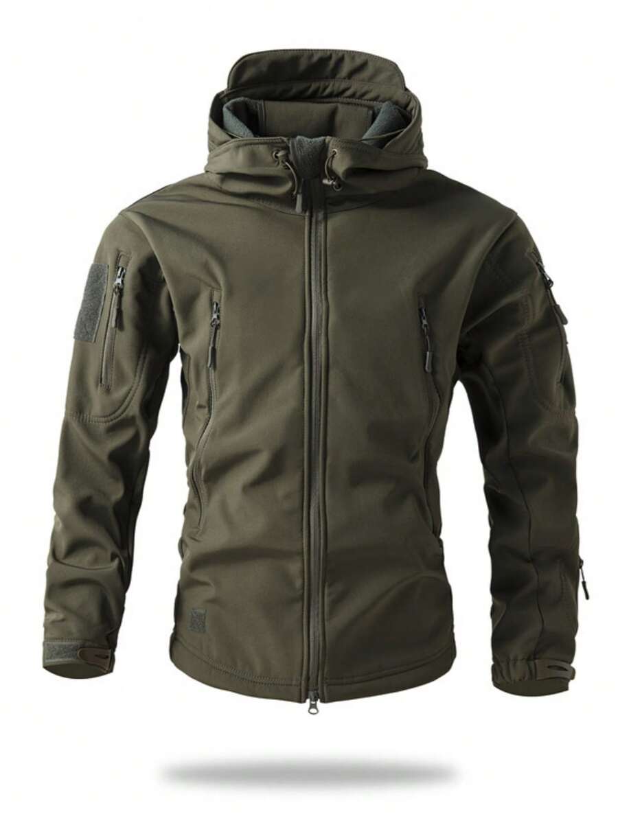 1pc Men's Military Green Thermal Lined Tactical Jacket, Multi-Pocket Windbreaker With Zipper Design, Hooded Outdoor Coat For Winter,Skiing - Army Green - View 1