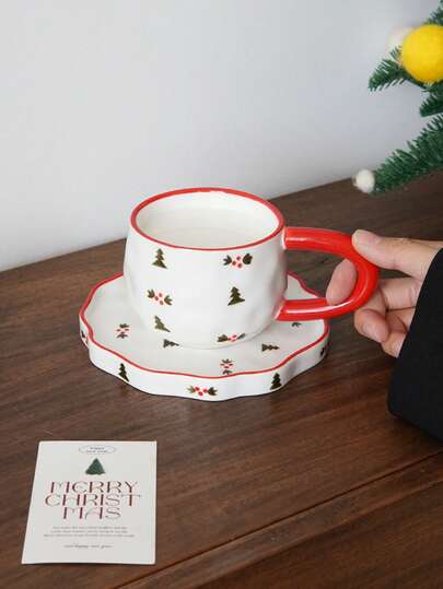 1pc Christmas Tree Print Ceramic Coffee Cup, Hand-Painted Holly Mug With Saucer, Irregular Red-Rimmed Dessert Plate, Christmas Pudding Dish Suitable For Christmas Home Decor Coffee Sets, Cafe Latte Art Cups, Afternoon Tea Sets, Pastry Cake Plates, Gift-Giving Presents, Festive Decorations