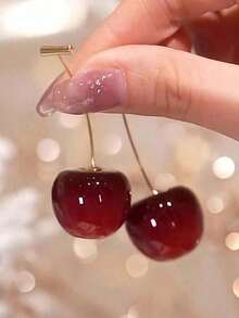 1 Pair Sweet & Fresh Cherry Fruit Dangle Earrings Suitable For Women Daily Wear And Party - Màu Đỏ Sâu - Xem 6