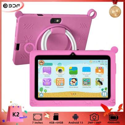 Máy tính bảng trẻ em 7 inch, RAM 4GB + Bộ nhớ trong 64GB / Bộ xử lý lõi tứ 1.3GHz / Hệ điều hành Android 13, chip MTK8321 / Màn hình IPS HD 1280x800 / Camera kép 2MP + 5MP / Pin dung lượng lớn 4000mAh / Hỗ trợ điều khiển WiFi dành cho phụ huynh và trò chơi giáo dục / Chất liệu nhựa ABS + Silicone. Máy tính bảng giáo dục trẻ em BDF K2 (Bao gồm: Hộp đựng / Cáp dữ liệu / Sách hướng dẫn sử dụng / Bộ chuyển đổi OTG / Đầu đọc thẻ)