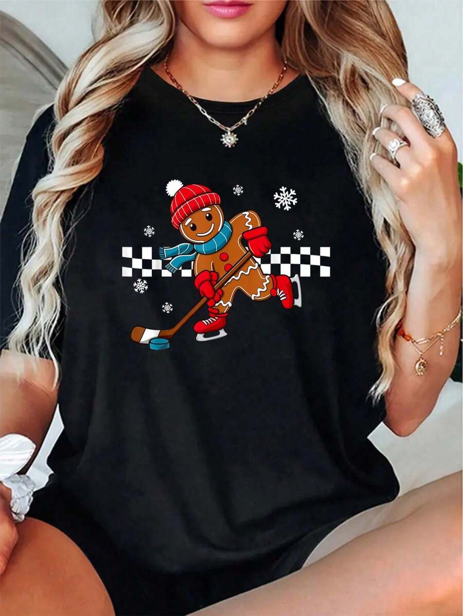 Camiseta de Navidad de la familia de elfos de caza - 100% algodón primavera/otoño, patrón divertido de galleta de copo de nieve, camiseta para mujeres - Verde - Ver 1