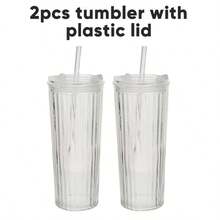 2pcs 4pcs 24oz Reusable Water Tumbler Glass Drinking Juice Coffee Tea Cup Set With Plastic Lids And Glass Straw, 700ml Glass Iced Coffee Cup With Lids And Straws For Smoothie Juice Drinks, Elegant Simple Restaurant Hotel Service Glass Drinkware Set - 2pcs tumbler with plastic lid - 查看 8