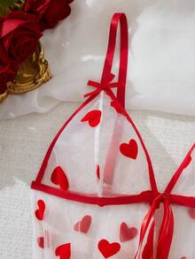 2pcs Women's Sexy Floral Mesh Robe Set, Front Tie Bow Decor Lingerie Set, For Christmas - Red - View 5