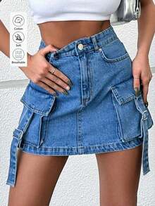 Damen Cargo Taschen Jeans Mini Rock, einfarbiger süßer Reißverschluss Knopf Strandrock - Blau - Übersicht 1