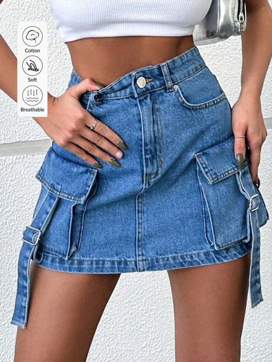 Damen Cargo Taschen Jeans Mini Rock, einfarbiger süßer Reißverschluss Knopf Strandrock - Blau - Übersicht 1