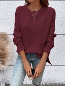 Pullover Kasual Wanita Kerah Bulat Warna Polos Bahu Longgar Saku Tempel - Jangkar merah - View 7