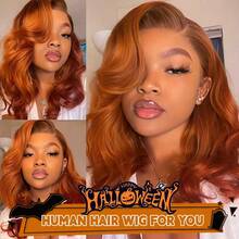 200% 密度 13x4 高清透明蕾丝前假发 - 姜橙色波浪卷发无胶假发，带预拔发际线 | 适合男女的自然造型，适合所有种族，百搭假发，优雅假发，万圣节服装 - 薑色 - 查看 2