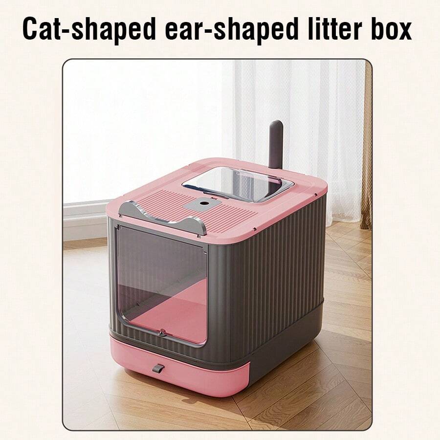 Cat - Shaped Ear Foldable Cat Litter Box With Activated Carbon Deodorizing Grid, Anti - Sand Leakage & Drawer Toilet Bowl - 粉色 - 查看 1