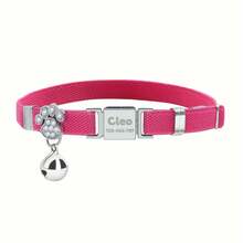 1pc Personalized Cat Collar With Engraved Stainless Steel Name Tag, Customizable Name And Phone Number, Elastic Paw Print Collar With Rhinestone Bell Pendant - Multicolor - View 16