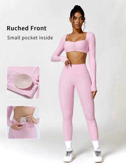 6pecil 2 Pieces Workout Sets For Women Long Sleeve Padded Sports Bra High Waisted Gym Outfits With Pocket