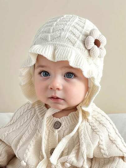 1 件婴儿褶边可爱兔耳针织帽，温暖柔软，秋冬