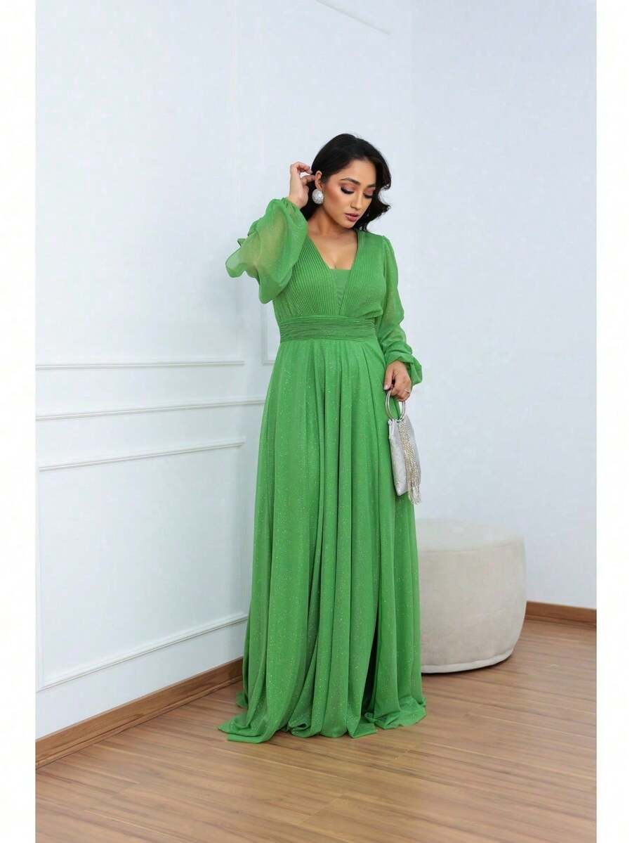 Vestido Feminino Longo Tule Aurora com Brilho Manga Longa - Verde Lima - Visão 1