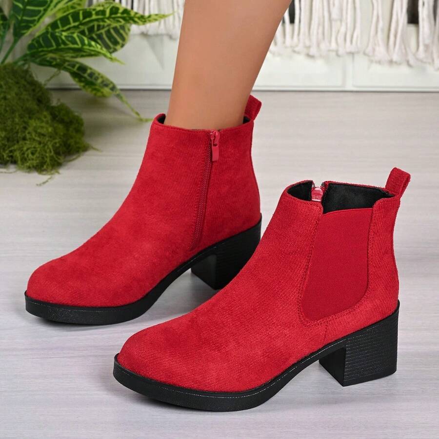 Women Ankle Boots & Booties」Casual Fashion Is Versatile.Leisure, Fashion, Sports, Hook And Loop, Home, Autumn And Winter New Collection, Round Toe, Thick Heel, Boots, Short Boots - Red - View 1