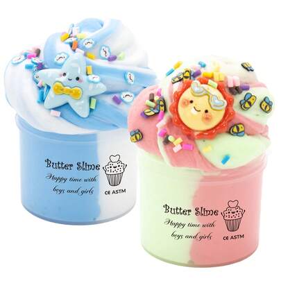Bộ đồ chơi tự làm slime bơ thơm hai màu dễ thương 70ml, bao gồm mặt dây chuyền hình mặt trời và ngôi sao, mềm mại và không dính, đồ chơi cảm giác, quà tặng lý tưởng cho các bữa tiệc trẻ em (bé trai và bé gái).